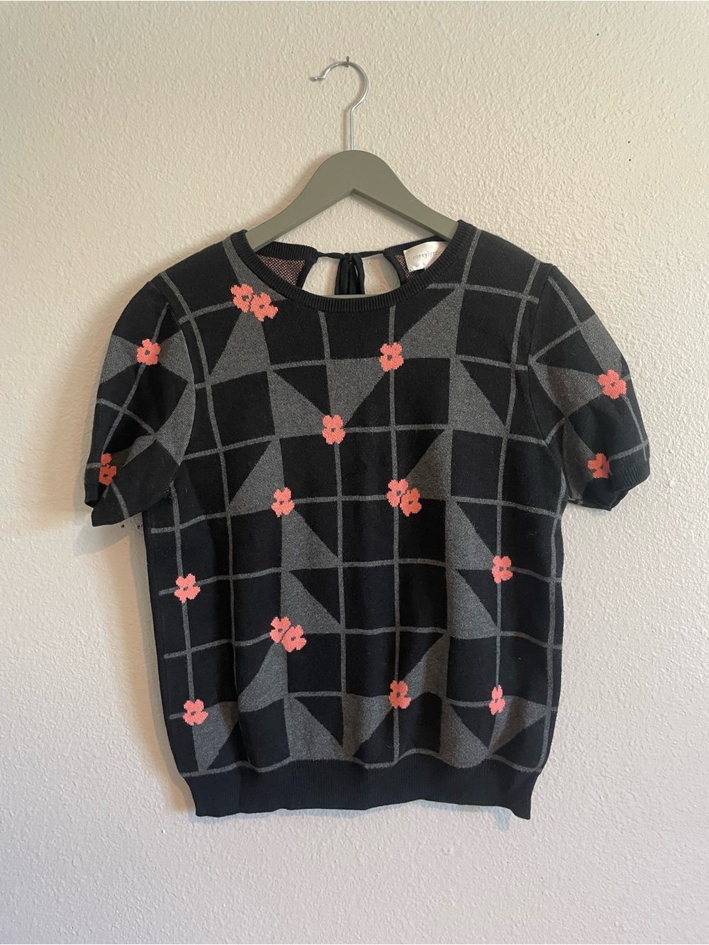 corey lynn calter Geometric Black & Grey Knit Top with Pink Flowers